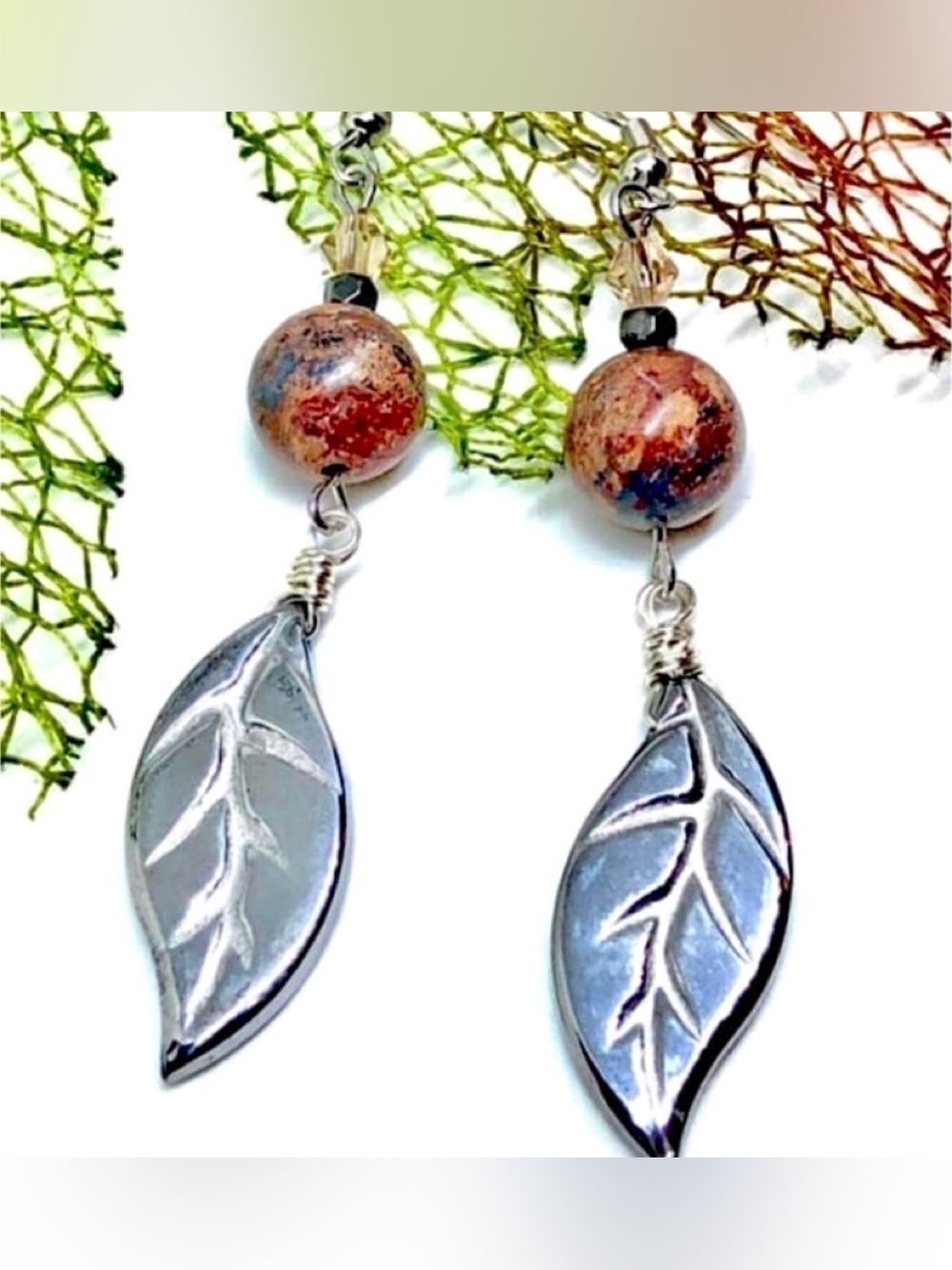 Silver Plated Glass Leaves Red Gray Leopard Stone Crystal Fall Leaf Earrings NWT
